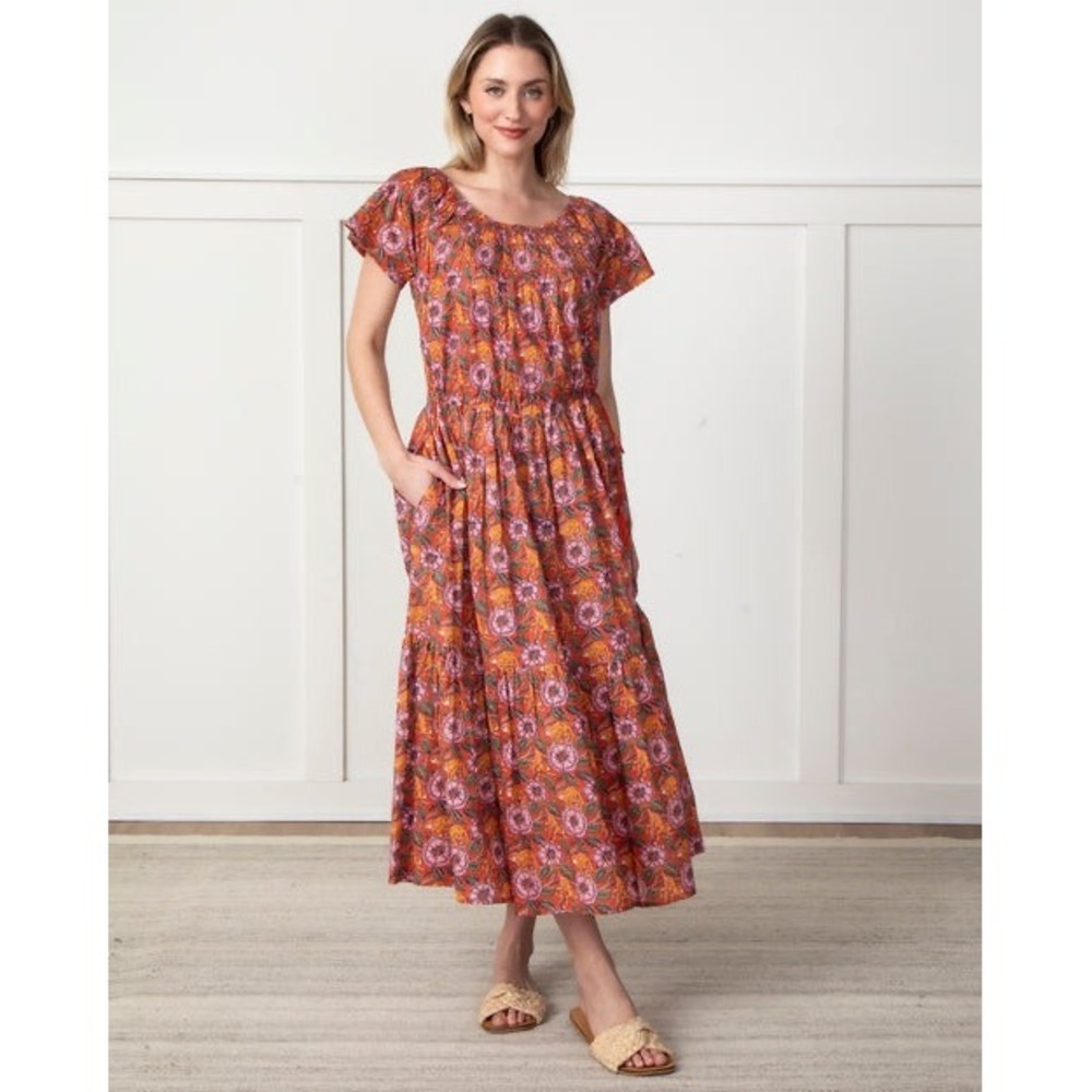 Printfresh Organic Cotton Smocked Orange Floral Monkey Print Maxi Dress Size S
